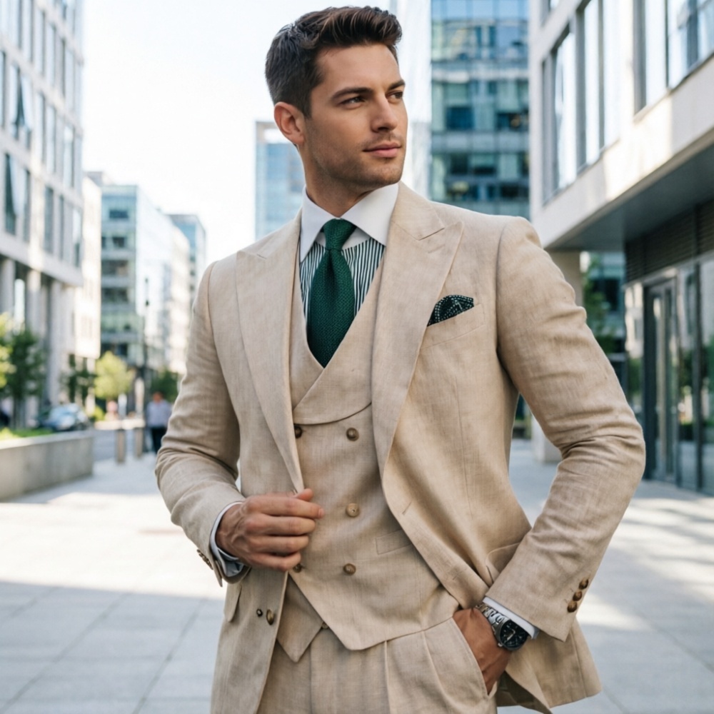 Men'S Fashion Outfits 2026 - Beige Men Suits 3 Pieces Linen