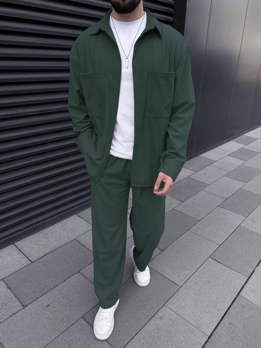 Men Fashion Upper - Men's corduroy two-piece outfit: long-sleeved button-down