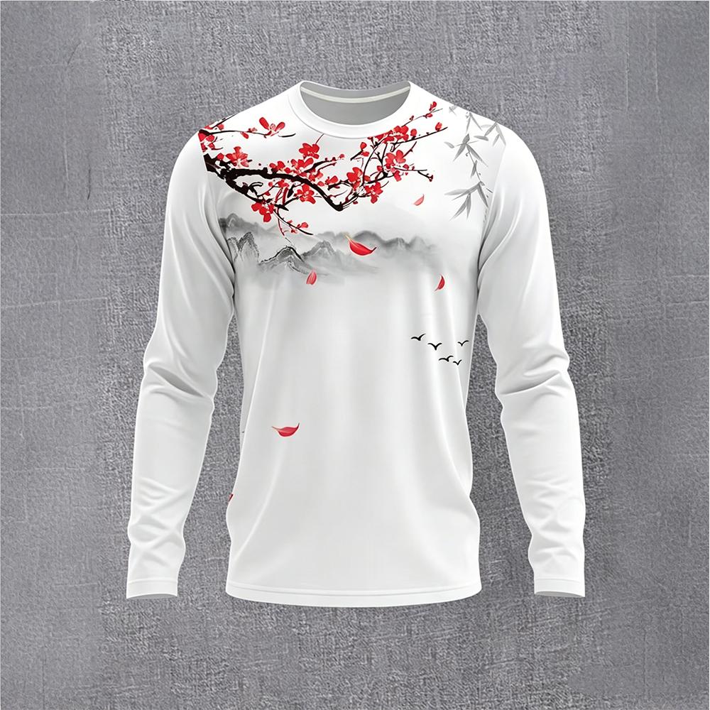 Mens Fashion Top - Chinese Style Ink Plum Blossom Long