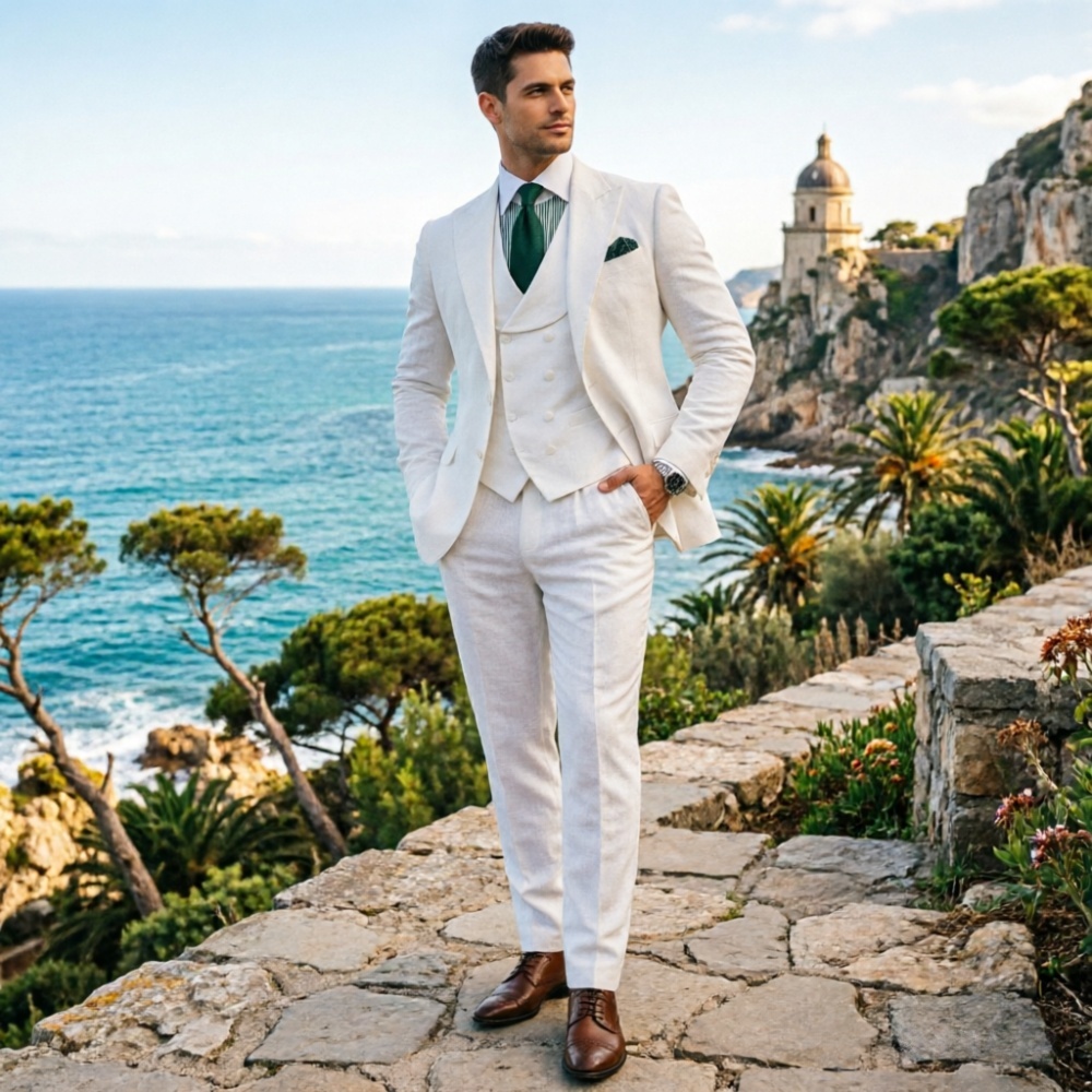 Beige Men Suits 3 Pieces Linen - Men'S Fashion Outfits 2026 recensione e prezzo