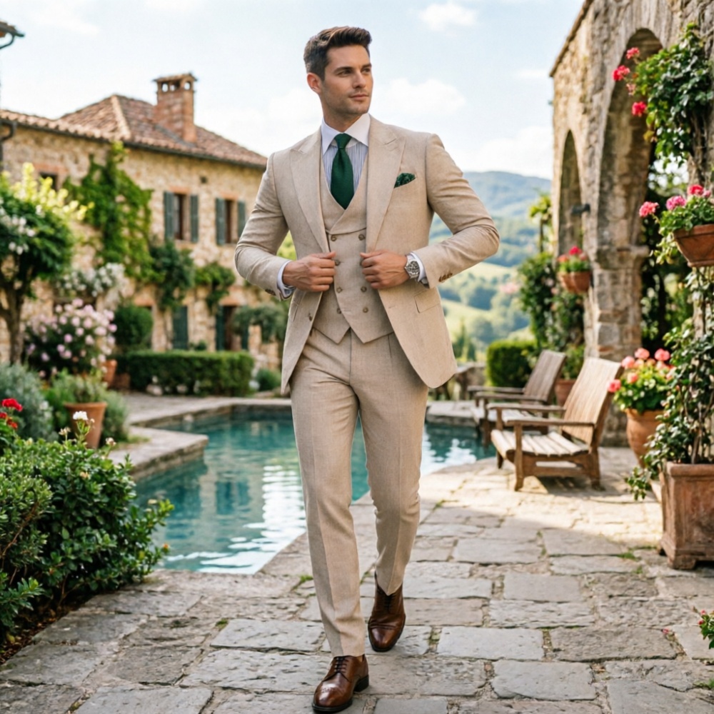 Beige Men Suits 3 Pieces Linen - Men'S Fashion Outfits 2026 recensione e prezzo